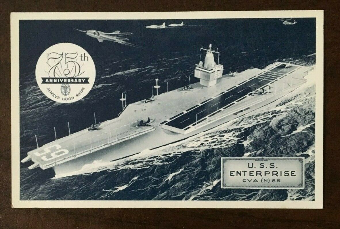 USS ENTERPRISE CVAN 65 POSTCARD / QSL CARD / NEWPORT NEWS SHIPBUILDING 75 YEARS